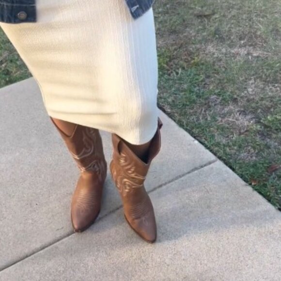 Women's Cowboy Boots Mid Calf Western Embroidered Pointed Toe Block Heel - Picture 7 of 8